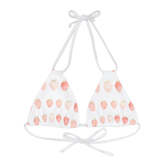 White Strawberry Summer Strappy Triangle Bikini Top by Zeus Prosper Summer Collection Ltd.🍓